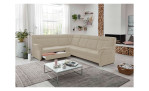 Komfort-Ecksofa plano|FORM Favorit, in der Farbausführung Beige, in einem Raum stehend mit der offenen Schublade