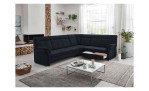Komfort-Ecksofa plano|FORM Favorit, in der Farbausführung Blau, in einem Raum stehend mit der offenen Schublade