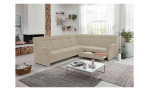 Komfort-Ecksofa plano|FORM Favorit, in der Farbausführung Beige, in einem Raum stehend mit der offenen Schublade