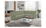 Komfort-Ecksofa plano|FORM Favorit, in der Farbausführung Lind, in einem Raum stehend mit der offenen Schublade