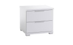 Nachttisch Svenja in weiß. 2 Schubkästen mit Kunststoffgriffen. Schräg von rechts abgebildet.