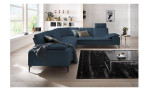 Komfort-Ecksofa Valentino, in der Farbausführung Dunkelblau, in einem Raum stehend,mit der Sitztiefenverstellung, Frontansicht 