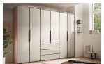 Komfort-Drehtürenschrank Phönix mit sechs Türen und drei Schubladen, Front in Sandglas, Korpus in Artisan Eiche Nachbildung im Schlafzimmer