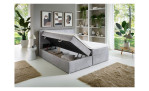 Ein modernes Schlafzimmer mit dem Boxbett Action-Stauraumbett, abstrakter Kunst und Regalen, die perfekt auf Ihren Raum zugeschnitten sind.