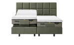 Tempur-Boxspringbett „Discovery Classic“, Twin, weiße Matratzen, olivgrüne Rahmen in Samtoptik, erhöhte Seitenkante, passendes Kopfteil.