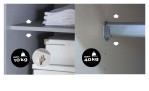 Schnittdarstellung eines Reno-Regals mit Drehtüren, das für eine Belastung von maximal 10 kg ausgelegt ist und über eine Kleiderstange mit einer Tragkraft von 40 kg verfügt.