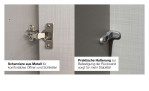 Nahaufnahmen eines Metallscharniers und einer Halterung an der Rückwand eines Drehtürenschranks Reno.