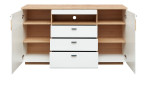 Komfort-Sideboard Florenz in weiß matt mit einer Absetzung in Artisan Eiche Leistenoptik. Geöffnte Ansicht