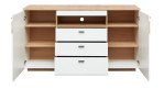 Basis-Sideboard Florenz in weiß matt mit einer Absetzung in Artisan Eiche Leistenoptik. Geöffnete Ansicht