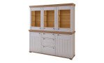 Basis-Buffet Cornwall: Vitrine aus hellem Holz, Türen mit Glasoberteil, Lamellendekor, untere Einlegeböden in Artisan-Eiche-Optik.