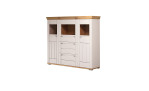 Basis-Highboard Cornwall in Kaschmir matt mit Lamellendekor, Schubladen, Einlegeböden und getäfelten Türen.