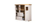 Basis-Highboard Cornwall in Weiß Kaschmir matt mit Lamellendekor, offen gestaltet mit Regalböden und großzügigem Stauraum.