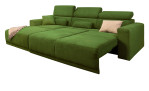 Komfort-Wohnlandschaft Carter in der Farbe Grün, Ottomane auf der linken Seite. In dekorierter Umgebung. Darstellung der Funktionen.