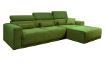 Basis-Wohnlandschaft Carter in der Farbe Grün, Ottomane auf der rechten Seite. In dekorierter Umgebung. Darstellung der manuellen Kopfteilverstellung.