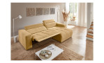 Wohnlandschaft Leona in Beige mit Relaxfunktion, integrierter Ausziehhilfe und Ottomane rechts im modern eingerichteten Raum.