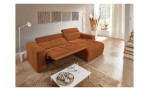 Wohnlandschaft Leona in Orange mit Relaxfunktion, integrierter Ausziehhilfe und Ottomane rechts im modern eingerichteten Raum.