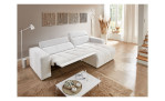 Wohnlandschaft Leona in Weiß mit Relaxfunktion, integrierter Ausziehhilfe und Ottomane rechts im modern eingerichteten Raum.