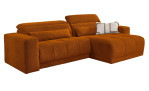Wohnlandschaft Leona in Orange, langlebiger Microfaserbezug, mit Ottoman rechts freigestellt vor weißem Hintergrund.