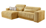 Wohnlandschaft Leona in Beige, langlebiger Microfaserbezug, mit Ottomane links freigestellt vor weißem Hintergrund.