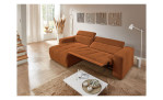 Wohnlandschaft Leona in Orange mit Relaxfunktion und Ottomane links, fotografiert im modern eingerichteten Raum.