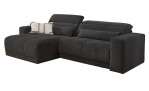 Wohnlandschaft Leona in Schwarz, langlebiger Microfaserbezug, mit Ottomane links freigestellt vor weißem Hintergrund.