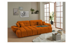 Wohnlandschaft Poppy in Orange mit ausziehbarer Sitztiefenverstellung und Ottomane links im hellen Raum mit Holzfußboden.