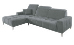 Wohnlandschaft Luan in Grau mit Ottomane links, Wohnlandschaft mit Kopfteilverstellung und gesteppten Polstern freigestellt auf weißem Grund.