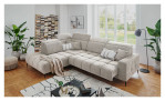 Wohnlandschaft Luan in Creme mit Sitztiefenverstellung und Kopfteilfunktion aus weichem Cord, fotografiert im leicht erhöhten Winkel.