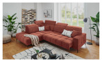 Wohnlandschaft Luan in Orange mit Sitztiefenverstellung und Kopfteilfunktion aus weichem Cord, fotografiert im leicht erhöhten Winkel.