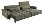 Komfort-Wohnlandschaft Lilly in einem grünen Cordstoff mit zwei Zierkissen und gezeigter Funktionen.