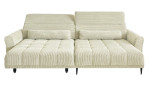 Komfort-Wohnlandschaft Lilly in einem cremefarbenen Cordstoff mit zwei Zierkissen und gezeigter Funktionen.