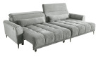 Komfort-Wohnlandschaft Lilly in einem hellgrauen Cordstoff mit zwei Zierkissen und gezeigter Funktionen.