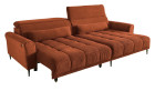 Komfort-Wohnlandschaft Lilly in einem orangefarbenen Cordstoff mit zwei Zierkissen und gezeigter Funktionen.