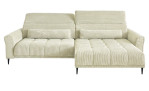 Wohnlandschaft Lilly in Creme mit Cord-Optik, Ottomane rechts, Kopfteilverstellung und gestepptem Bezug freigestellt auf weißem Grund.