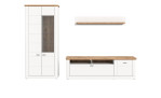 Wandboard Manhattan mit einer weißen Rückwand und einem Ablageboden in Nox Oak. Frontalansicht. Mit den passenden Möbel der Serie.