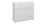Kommode Mestre mit einer Front in Hochglanz Weiß und einem Korpus in Alpinweiß. Mit silbernen Griffen und Füßen.