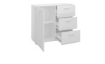 Kommode Mestre mit einer Front in Hochglanz Weiß und einem Korpus in Alpinweiß. Mit silbernen Griffen und Füßen. Geöffnete Ansicht.