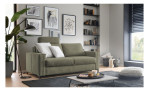 Modernes Wohnzimmer mit einem grünen Komfort-Schlafsofa „Pickering“ von Hukla, Kunstwerken, einem Bücherregal, einer Pflanze und Tageslicht.
