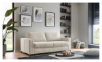 Modernes Wohnzimmer mit einem beigen Hukla Basis-Schlafsofa „Pickering“, Wandbildern, offenen Regalen, einer Pflanze und einem Couchtisch auf einem Teppich.