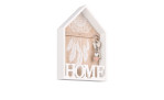 Schlüsselbox Sina: Hausförmiger Holz-Schlüsselhalter mit HOME-Text, Feder-Motiv und drei Haken im Holz-Look.