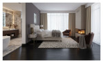 Modernes Schlafzimmer mit Kamin, Serta Jubiliäums Boxspringbett Hollywood – elegante Einrichtung und Luxushotel-Komfort.