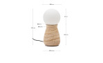 Tischleuchte Okeni mit einem Fuß im Farbton Travertin Beige und einer weißen Kugel als Leuchtkörper, Bild mit Maßangaben