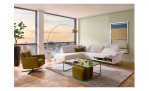 Komfort-Ecksofa MONDO Ensemble Lillia, in der Farbausführung Nature, in einem Raum stehend, mit der Relaxfunktion