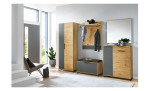 Schuhbank MONDO Aralia, Korpus in Balkeneiche, Front in geriffeltem grauen Mattglas mit Dielenschrank, Paneel und Kommode der Serie Aralia