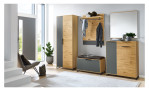 Garderobenpaneel MONDO Aralia in Balkeneiche, Absetzung Grau, geriffeltes Glas, mit Dielenschrank, Schuhbank und Kommode der Serie MONDO Aralia
