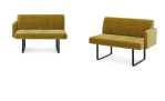 Zwei Basis-Sitzbänke Musterring 4010/4111 in der Farbe Pistachio nebeneinander, eine gerade, die andere schräg gestellt