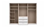 Set: Ein Musterring-Drehtürenschrank „Henderson“, 301 x 223 x 60 cm, mit Regalen und 3 weißen Schubladen, modern und leer.