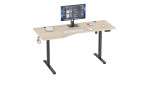 Noah: elektrisch höhenverstellbarer Schreibtisch aus hellem Holz mit Platz für Monitor, Tastatur, Maus, Telefon, Becher und Kopfhörer.