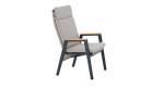 Gartenstuhl MONDO Latea in grau mit Auflagen in taupe und Armlehen in Teakholz, seitliche Ansicht