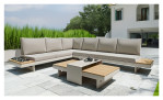 Garten-Lounge-Set Accra in beige mit Tischplatten aus Akazienholz und Gestell in beige aus Aluminium, Ansicht Milieu